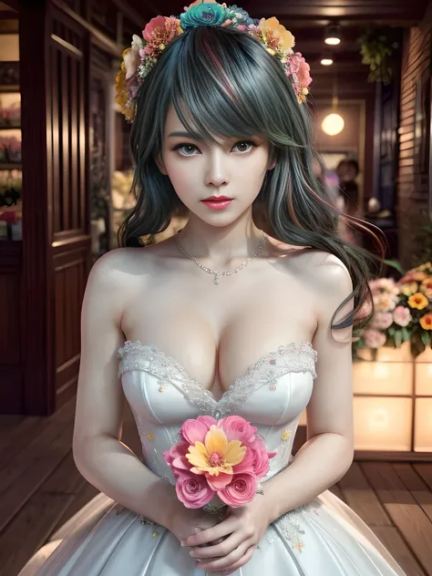 first person perspective,1 girl,Tamaki,(Dressed in vibrant rainbow color scheme art;wedding gown, bridal gown),((Flower shop)),jewely,Tattooed with,during night, full_themoon, As estrelas,Redlip,Charming cleavage,(tmasterpiece:1.5),( Best quality at best:1...