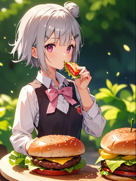 (Best Quality,hight resolution,Ultra-detailed),Eating a hamburger, Short hair with silver bob styled in a bun with hair clip, Pink eyes, Hamburger,  lettuce, fruits, tomatoes, onion, Bokeh background, depth of fields, Verdure, cheese