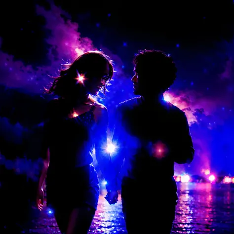 A melodic couple strolling beneath nebula-like skies, radiant celestial lights dancing in her eyes reflecting their soulful bond. Resolution 1920x1080 format 16:9