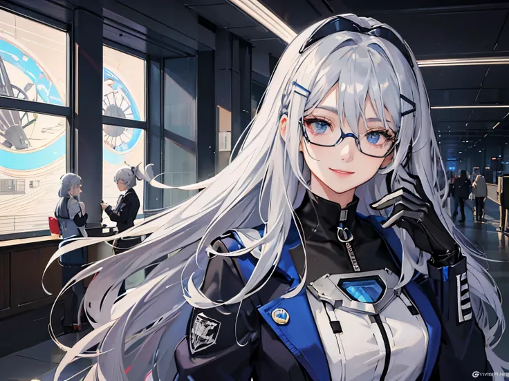 full bodyesbian, blue colored eyes, airport, A woman, silver hair, grey hair, long hair, hairclip, eyewear on head, multicolored eyes, smile, anime, modern, anime style, image fill, high detail, Cubist Futurism, UHD, best quality, highres, anatomically cor...