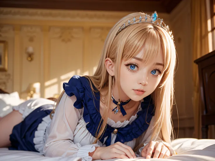 Raw Photography, High Resolution, Realistic, Masterpiece, 18 year old, Mia Luna Tearmoon, Single, Attending Academical Class in Victorian Era, Sleeping on a bed in a room, Detailed cute and beautiful face, White shiny skin, bangs, Blonde Super Long Straigh...