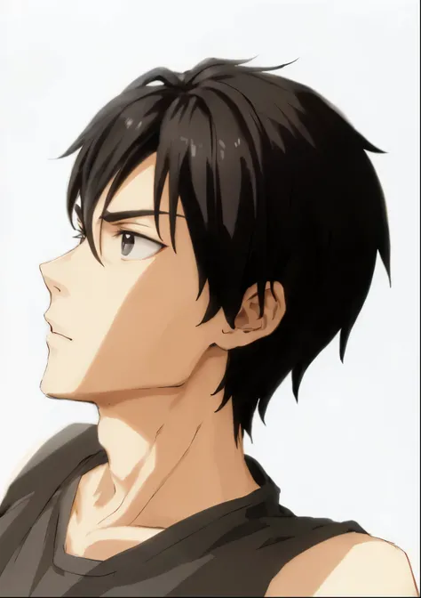 anime black eyes  boy with black hair and black vest looking up, anime handsome man, a handsome man，black short hair,