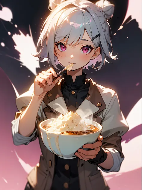 (Best Quality,hight resolution,Ultra-detailed),eat porridge, Short hair with silver bob styled in a bun with hair clip, Pink eyes、Have Astragalus, Bokeh background, depth of fields