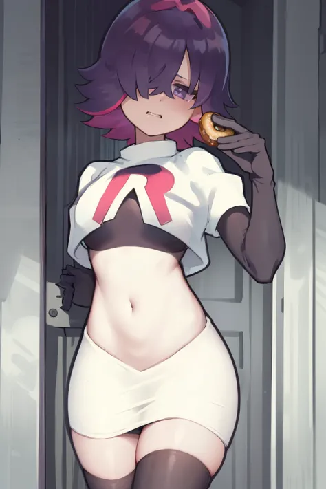 (extremely detailed CG), (best quality), perfect face, shiny skin, lustrous skin,wide hips,  narrow waist,  1girl,solo ,     DotPoke, hair over one eye, purple eyes,short hair, multicolored hair, pink hair, purple hairhair over eyes, team rocket,team rocke...