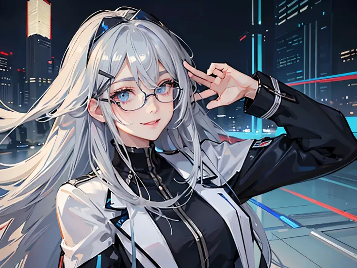 full bodyesbian, blue colored eyes, stop, silver hair, grey hair, long hair, hairclip, eyewear on head, multicolored eyes, shy, smile, anime, modern, anime style, image fill, high detail, UHD, best quality, highres, anatomically correct