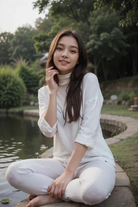 Photo of young malaysian girl with long hair and the hand up to the sky, Janna Nick, wearing hijab,white loose adidas shirt and jeans sitting on pond with lotus, thin face, smiley face, open spread leg ,night time, raining, hair fly blow by wind, windy atm...