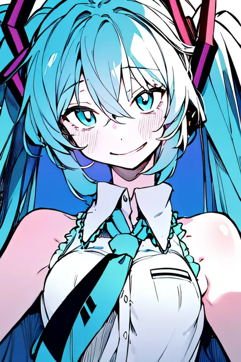 masterpiece,  1girl,   hatsune miku, smile, close-up, upper body, (monochrome:0.8), blue taint,