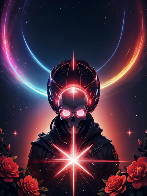 pixelated style,(glowing red,cross-shaped glow,blooming flowers)),interstellar misty background,polished,silver skull,light composition,rainbow,rainbow around the skull,vibrant,various structural power effect illustrations,glorious circular composition,alo...