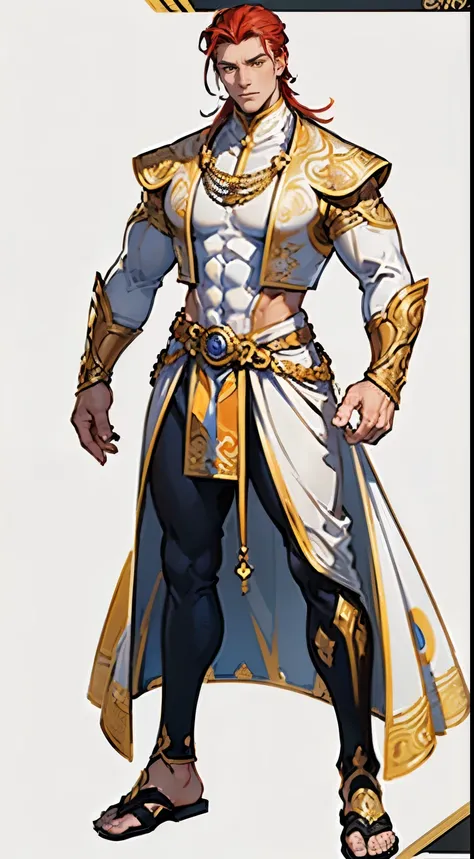 ((masterpiece,best quality,8k,highres)),((character concept art)), 1 male, middle-age man, Sun God,  250cm height, slicked back hairstyle, (red hair colour), ultra finely detailed eyes (yellow eyes colour), extraordinary handsome, charming, (gentle smile),...