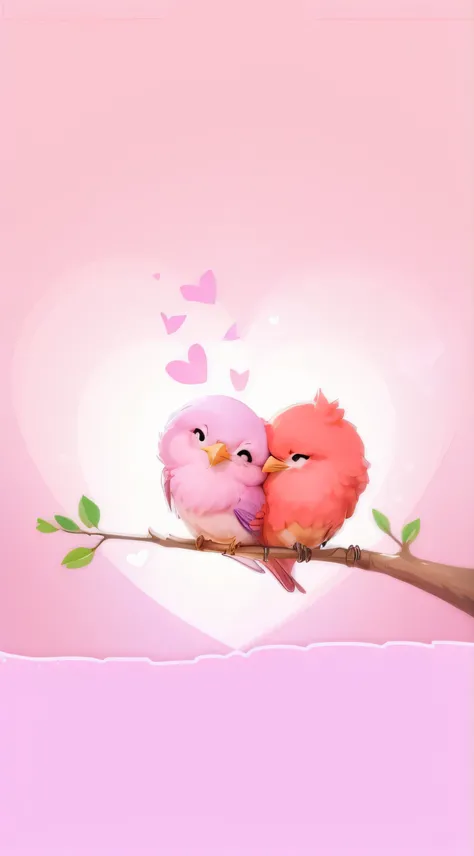 two birds sitting on a branch with hearts in the background, lovely and cute, in love, they are in love, lovely couple, cute and lovely, cute digital art, cute artwork, cute cartoon, aww, love is begin of all, concept art of love, cute illustration, lovers...