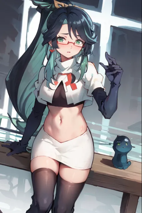 2d, masterpiece, best quality, anime, highly detailed face, perfect lighting, long hair, ponytail, multicolored hair, black hair, bangs, glasses, semi-rimless eyewear, earrings, green hair, hair ornament, jewelry, red-framed eyewear, green eyes, team rocke...