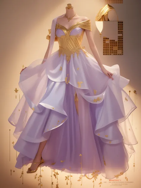 フォトリアリスティック，real skirt，Model walking forward，Meticulous workmanshison wearing a skirt、Detailed fashion illustration, magic dress, Fashion design full of love, Wearing a gold tulle dress, Detailed clothing and face shapes, Purple blue dress, Golden clothes,...