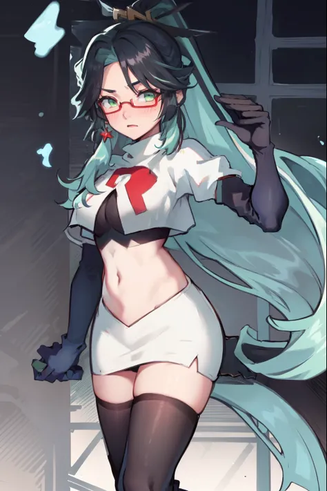 2d, masterpiece, best quality, anime, highly detailed face, perfect lighting, long hair, ponytail, multicolored hair, black hair, bangs, glasses, semi-rimless eyewear, earrings, green hair, hair ornament, jewelry, red-framed eyewear, green eyes, team rocke...