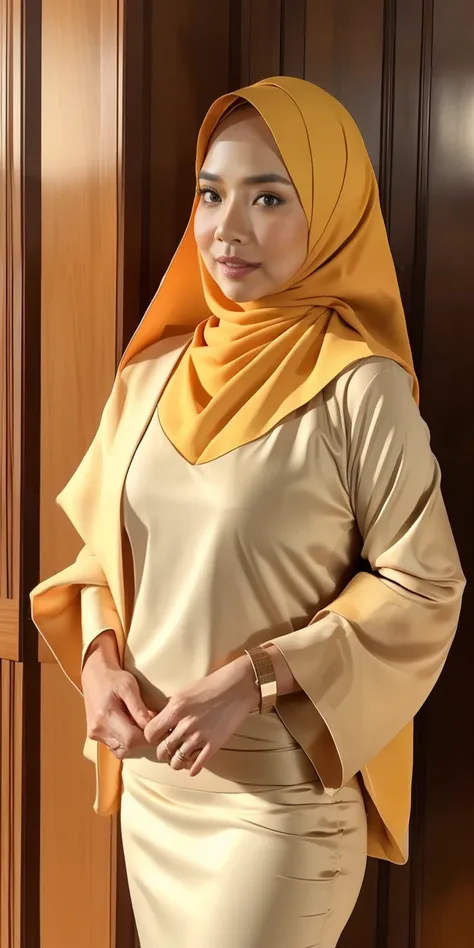 gravure, from the chest up, masutepiece, Best Quality, Ultra-detailed, Photorealistic, super detailed skin, Perfect Anatomy, (1 Korean), (Solo), 84 years old, Large breasts, Malaysian Hijab actress, Nudes Yellow,  glamor, A sexy, Chromo-white skin, Looking...