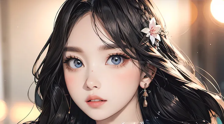 photorealistic, lip gloss, painting, realistic, best quality, ultra high resolution, depth, pastel color, natural shading, focus on face, face only, looking at viewer, long hair, hair accessory, black hair, brown and well detailed eyes, Dress