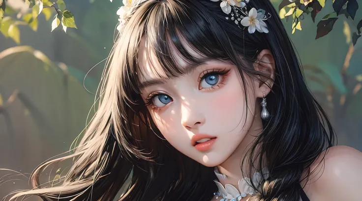 photorealistic, lip gloss, painting, realistic, best quality, ultra high resolution, depth, pastel color, natural shading, focus on face, face only, looking at viewer, long hair, hair accessory, black hair, brown and well detailed eyes, Dress