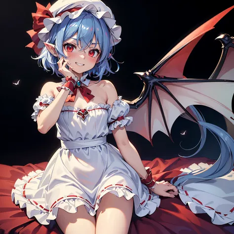 (((masterpiece))),(((best quality))),(((very high resolution))),(((extremely detailed CG))),(((ultra detailed))),(((16k))),solo,((Remilia Scarlet)),(grin),(sitting on bed),blue hair,short hair,red eyes,(flat chest),(white mob cap:1.2),red ribbon,(frills:1....