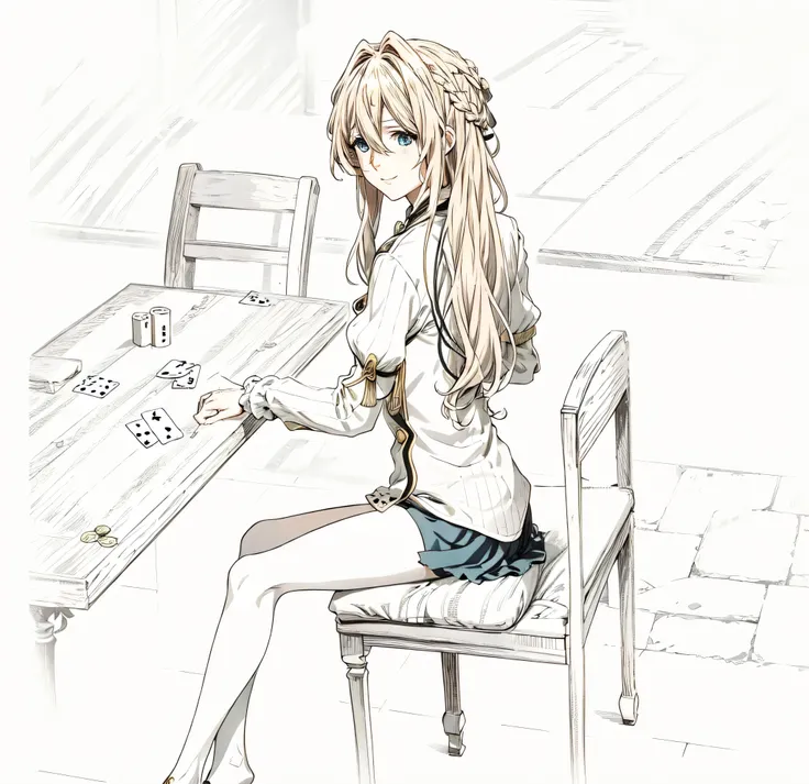 Violet Evergarden, long blonde hair, blue eyes, sitting on chair, smiling, playing cards, home outfit, civil clothing