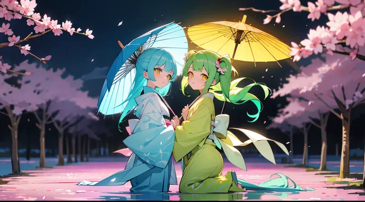 Cute 12 year old pair of twins, anime style, first twin with lime colored hair, second twin with light blue hair with yellow highlights, both have long hair, both in white kimonos, both have bangs, both kimonos having hair color highlights, pink cherry blo...