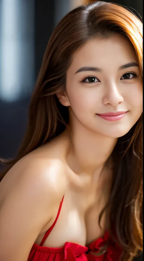 high-definition picture,Details of face, Raw photography, (((Very beautiful portrait))), (Very beautiful portrait))), 1 girl, Sexy 25 year old girl, ((Long Hair Natural Brown Hair)), [Brown eyes],Gentle smile staring at the camera(cleavage), ((masutepiece,...