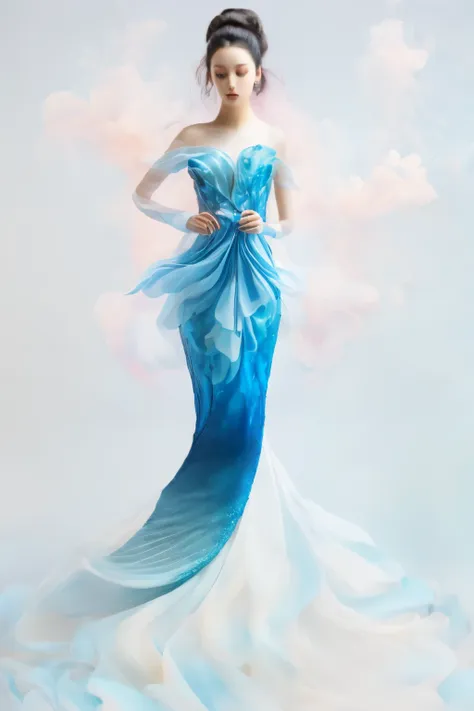 1 model is wearing this dress，haute couture dress，model catwalk，professional model，a close up of a mannequin with a blue mermaid...