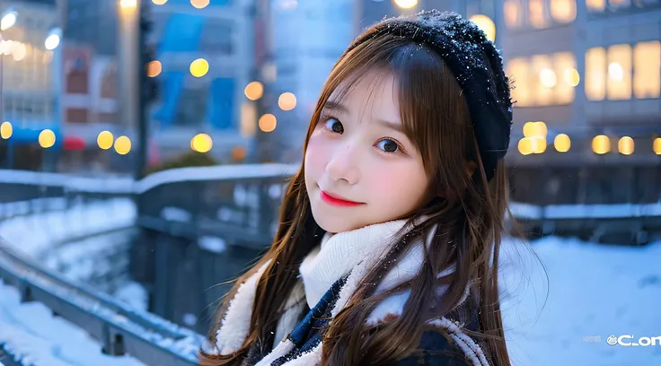 18 year old cute miniskirt high school girl、The background is a winter city