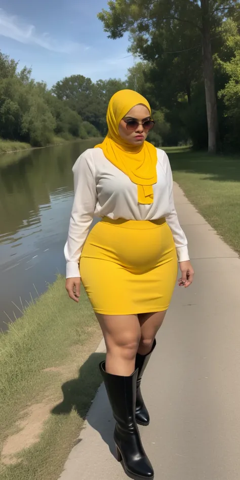 ((HIJAB MALAY GIRL)), ((BBW)), SHORTS, HUGE WIDE BUTT, WIDE BUTT, 63 YEAR OLD METURE womens, METURE womens, (YELLOW LIPS), (HIGH BOOTS), (TIGH SKIRT), walking in style on a Village river, (ANGRY FACE EXPRESSION), TRANSPARENT, STAYING, THICK FOG. FOGGING, (...