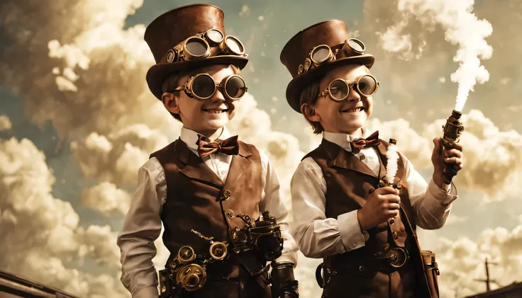 Steampunk Smiles: Gears whirr and steam condenses into playful clouds as a father and son, clad in steampunk goggles and brass accessories, brush their teeth with toothbrushes resembling miniature ray guns. Render the scene in a sepia-toned masterpiece, fo...