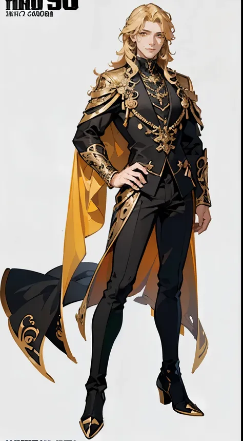 ((masterpiece,best quality,8k,highres)),((character concept art)), 1 male, middle-age man, Night God, 220 cm height, long curly hair, (blonde hair colour), ultra finely detailed eyes (yellow eyes colour), extraordinary handsome, charming, gorgeous, (gentle...