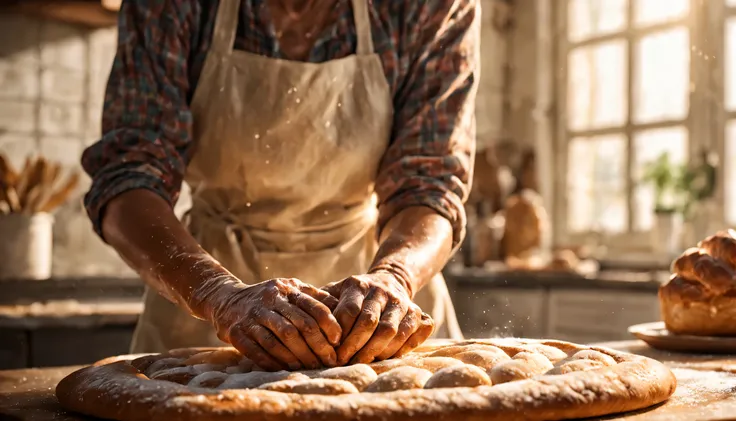 Sun-Kissed Baker: A woman with flour-dusted hands and auburn braids kneads dough in a sunlit kitchen, golden rays highlighting the delicate veins on her forearms and the intricate details of the breads texture. (Masterpiece, RAW photo, realistic, detailed,...