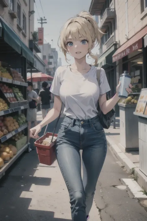 ((best quality)), ((masterpiece)), (detailed), perfect face, girl with blond ponytail in white t-shirt and jeans walking on street with bucket full of grocery, people walking around