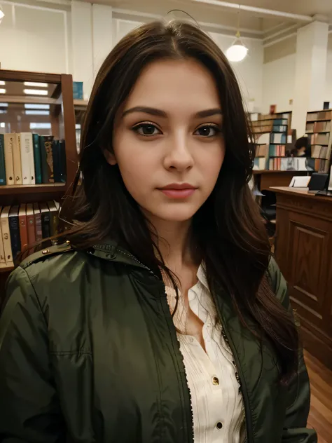 Photo of a 30 year old russian woman, wearing jacket, that has a very natural face, thin lips, thin eyes, thin eyebrows, thin nose, long eyelashes. She makes a cute selfie in a library