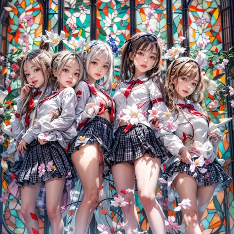 (sfw, White and Red, Acutance:0.8), Masterpiece, realistic, (photorealistic:1.37) with touch of rawness. A group of KAWAII girls in opened school uniform without brassiere . (extremely detailed KAWAII face variations, joyful expression variations), { Navel...