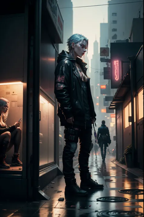 cyberpunk city,  a junkie  is lyning on the road in  pain, prostitutes are  standing  without paying any attention to the dying man