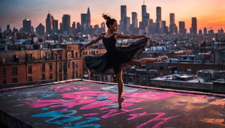 Urban Ballet: A dancer leaps across a graffiti-covered rooftop at dusk, her silhouette outlined against a vibrant city skyline. Capture the RAW energy of her movement, the delicate folds of her flowing black dress, and the intricate details of the urban la...