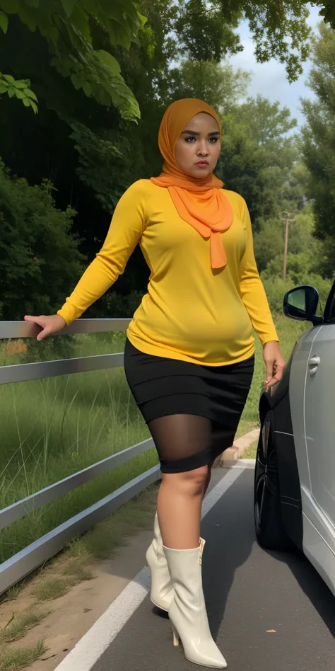 ((HIJAB MALAY GIRL)), ((BBW)), SHORTS, HUGE WIDE BUTT, WIDE BUTT, 63 YEAR OLD METURE womens, METURE womens, (YELLOW LIPS), (HIGH BOOTS), (TIGH SKIRT), walking in style on a Village river, (ANGRY FACE EXPRESSION), TRANSPARENT, STAYING, THICK FOG. FOGGING, (...