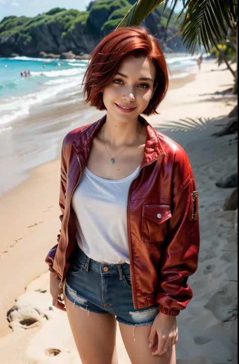 (Best quality, 8k, 32k, Masterpiece, UHD:1.2),Photo of Pretty woman, very short bob hair,upper body,face focus,oversized_shirt, necklace,  background, from above, looking at viewer, dyed red hair, tropical beach, smile, jacket, tunic, sfw