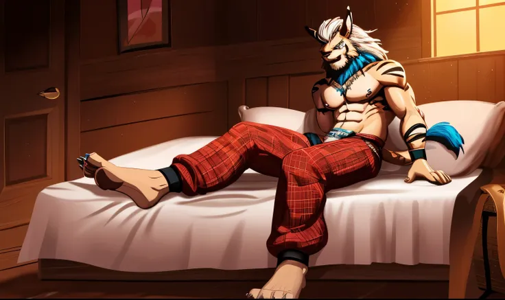 Barefoot hypnotised Leomon is lying on a bed with his arms and legs spread, wearing red pyjamas, handcuffed to the bed by his wrists and ankles, detailed paws with bandages and claws and toe ring, in a trance, a look of weak resistance to hypnosis on his f...