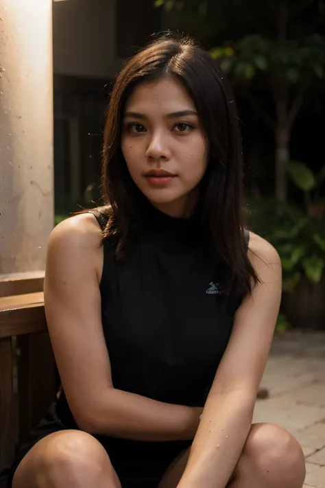 generate an image of 4k ultra realistic attractive malay woman sit near well at night sweating