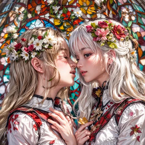 (Kissing face to face, White and Red, Acutance:0.8), Masterpiece, realistic, (photorealistic:1.37) with touch of rawness. A group of KAWAII girls in opened uniform . (extremely detailed KAWAII face variations, joyful expression variations), { Navel | prett...