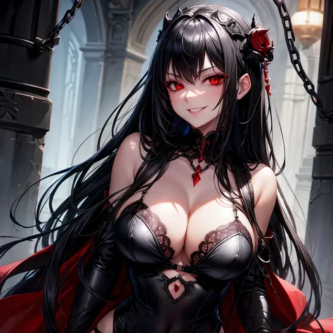 Black hair, red eyes, large breasts, dungeon setting, arms chained behind back, black lace lingerie, evil smile