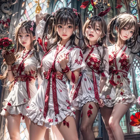 (sfw, White and Red, Acutance:0.8), Masterpiece, realistic, (photorealistic:1.37) with touch of rawness. A group of KAWAII girls in opened school uniform without brassiere . (extremely detailed KAWAII face variations, joyful expression variations), { Navel...