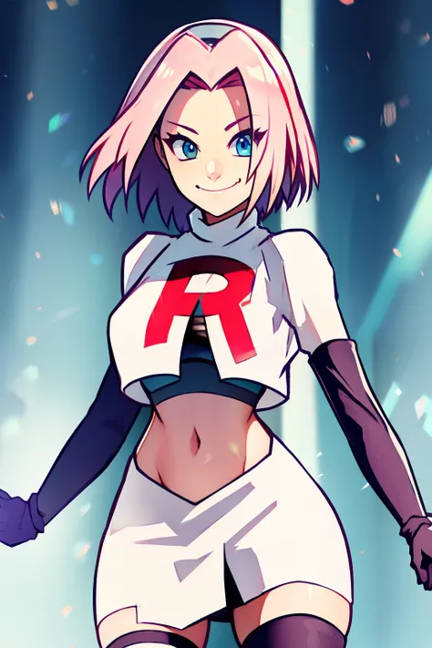 haruno sakura ,rocket,team rocket uniform, red letter R, white skirt,white crop top,black thigh-high boots,black elbow gloves, evil smile, look at viewer,