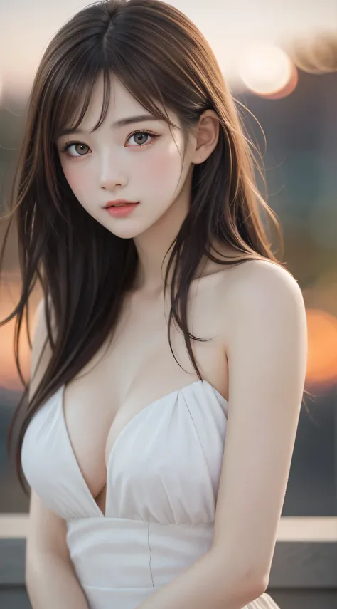 (Best Quality), (Ultra-detailed), (Illustration), (Detailed light), (extremely delicate and beautiful), 1young girls, Brown hair, Brown eyes, modeled, bare shoulders​、breastsout:1.2), Best Quality, extremely detailed CG unified 8k wallpaper, High-definitio...