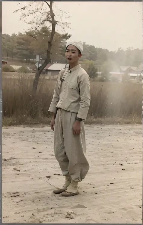 an old photo of a The man stood up in the dirt, Korean male, young commoner, japanesse farmer, Asian people, Shin Jung-ho, The man stood up, Asian people, photo of a man, full view with focus on subject, japan soldier in world war 2, Kim Young-ki, style Ki...