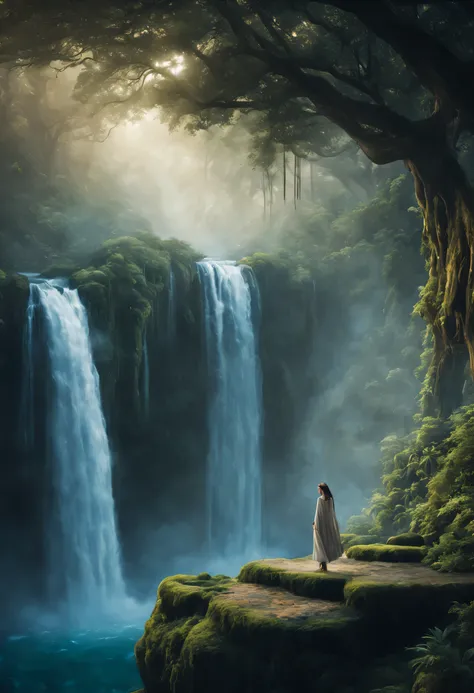 Dreamscape Wanderer: A lone figure explores a surreal landscape of floating islands and cascading waterfalls, their flowing robes billowing in the ethereal breeze. Capture the RAW dreamlike quality of the scene, the delicate details of the flora and fauna,...