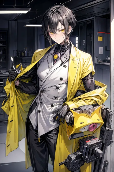 (flat color:1.1),(masterpiece:1.2), best quality, masterpiece, original,short black spiky hair, yellow eyes and accents, (mature handsome anime man looking at the camera with a smile and blush:1.2), wearing labcoat, roboticist