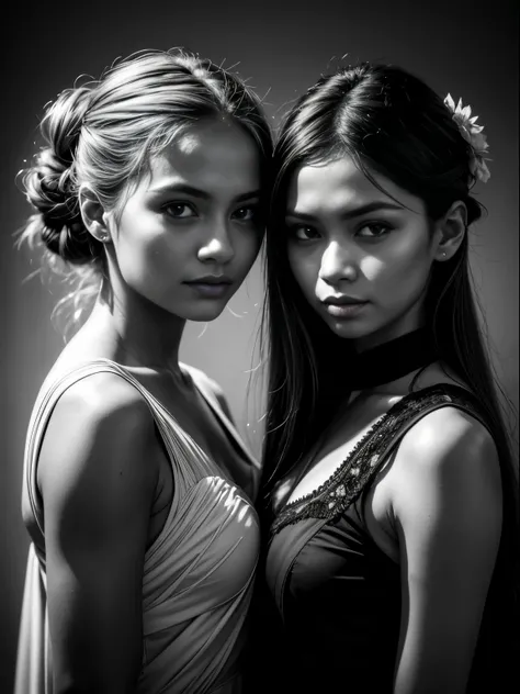 2 young females of 20 years happily looking at the camera wearing javanese kebaya, One of them is fair skin European with long blonde hair, the other is dark skin javanese indigenous with black top bun, close up portrait,  perfect composition, 8 k artistic...