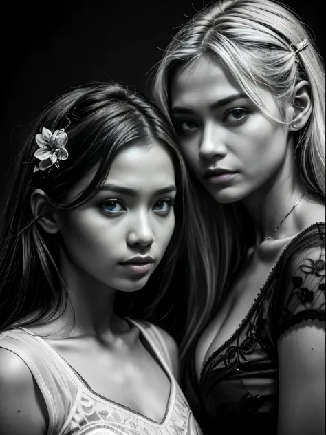 2 young females of 20 years happily looking at the camera wearing kebaya, One of them is fair skin European with long blonde hair, the other is dark skin malay indigenous with black top bun, close up portrait,  perfect composition, 8 k artistic photography...