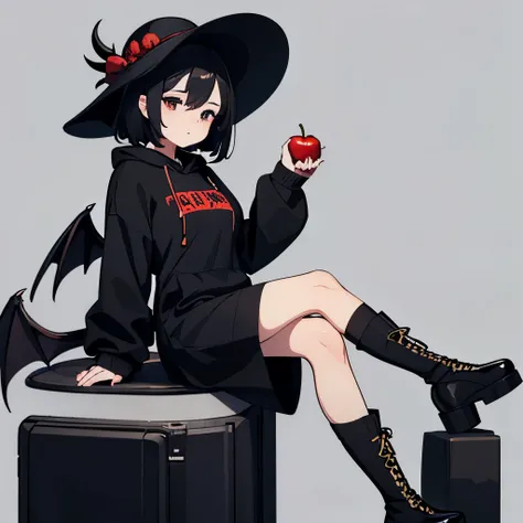 20yr old、femele、black wide-brimmed hat、A dark-haired、Hairstyle Bob、Black eyes、black hoodie dress、Black long socks、Black platform boots、20m devil wings、No horn、Human ear、Breast Size E Cup、eat red apple